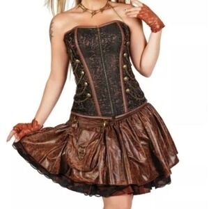 2 Pc S/M Corset Skirt Brass Chain Lace SteamPunk Festival Western Y2K Coquette‎
